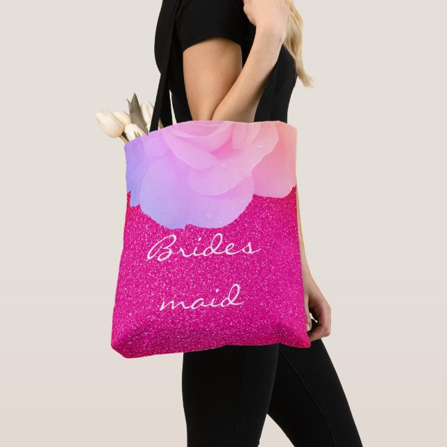 Tote Bag Bridesmaid Pink Glittery Rose Gold Floral Mariage (De près)