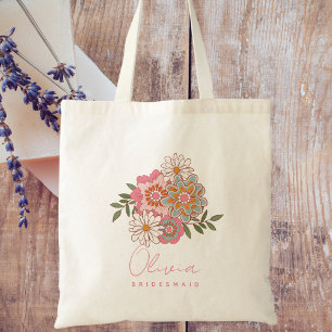 Tote Bag Bridesmaid Rétro Floral Moderne Minimaliste Script