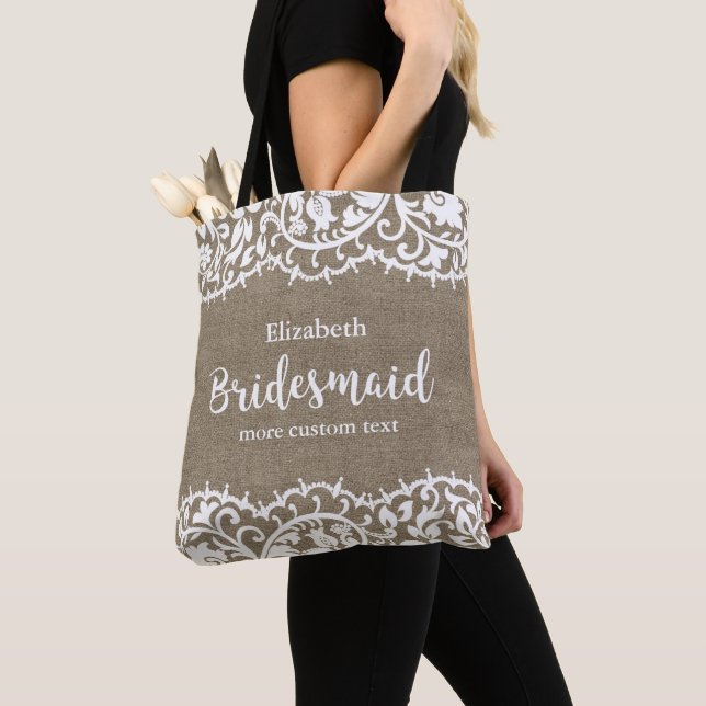 Tote Bag Bridesmaid Rustic Lace Burlap Mariage personnalisé (De près)
