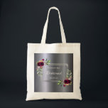 Tote Bag Bridesmaid silver florals wedding<br><div class="desc">A trendy bohemian boho style gift for the Bridesmaid. Decorated with watercolored roses in burgundy and pink.  Elegant faux silver metallic looking background. A faux silver frame. With the text: Bridesmaid written with a hand lettered style script.  Template for the Bridesmaid name and a date. White colored text.</div>