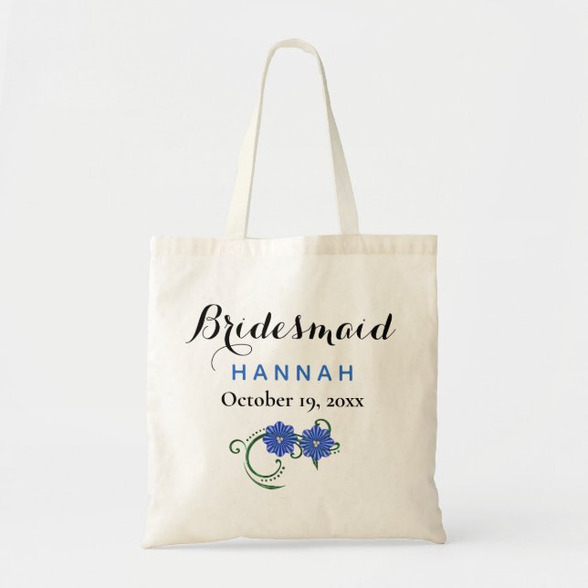 Tote Bag Bridesmaid Typographie moderne Fleurs bleues Maria (Devant)