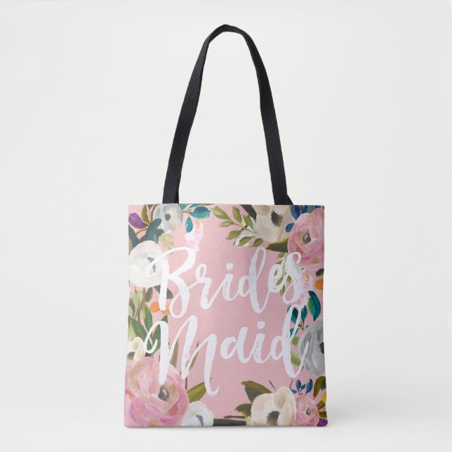 Tote Bag Bridesmaids Brossé Floral Mariage Party rose (Devant)