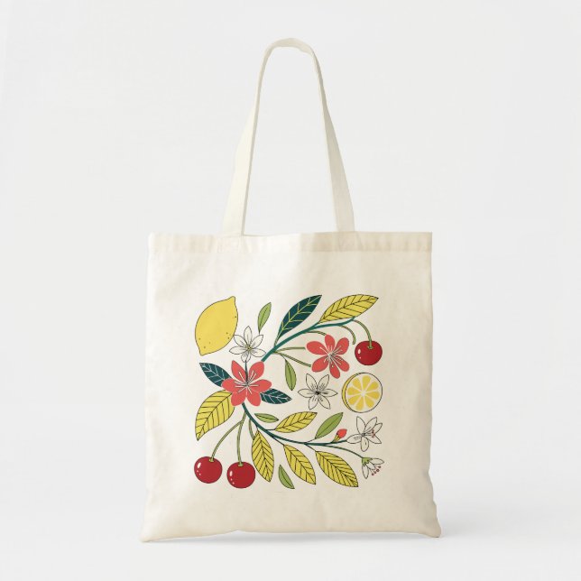 Tote Bag Bright Lemon and Cherry Botanical (Devant)
