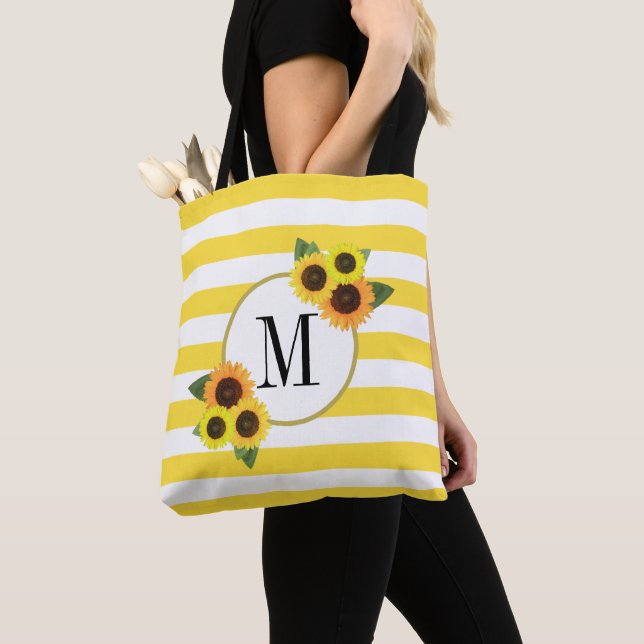 Tote Bag Bright Stripes Yellow Sunflower Monogramme Floral (De près)