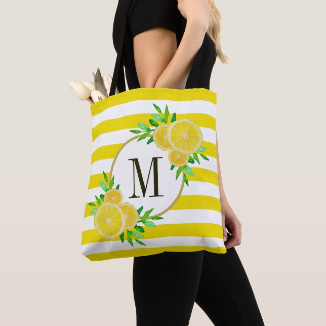 Tote Bag Bright Yellow Stripes Citron Citrus Fruit Monogram (De près)