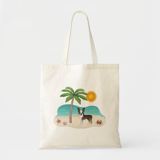 Tote Bag Brindle Boston Terrier À Une Plage Tropicale D'Été (Devant)