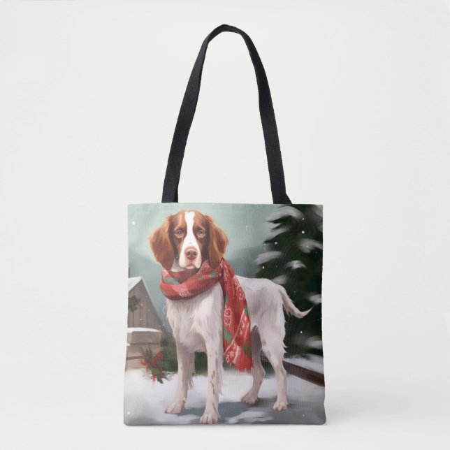 Tote Bag Brittany Spaniel Dog à Noël de neige (Devant)