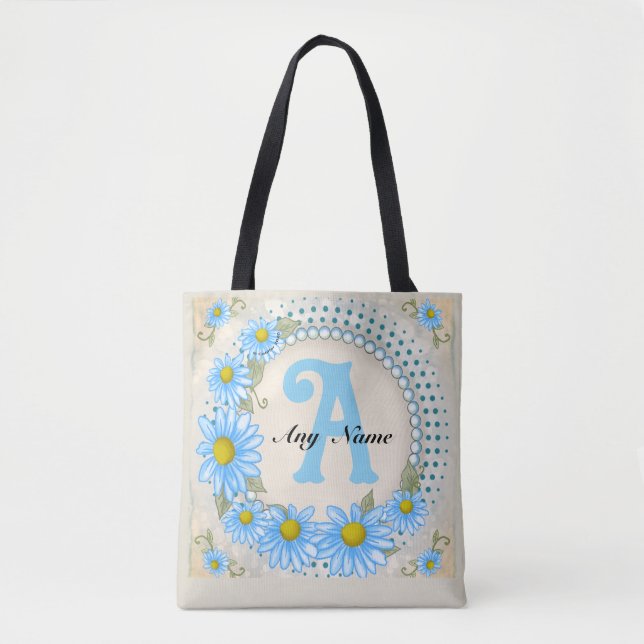 Tote Bag Broderie initiale Fleur Bleue  (Devant)