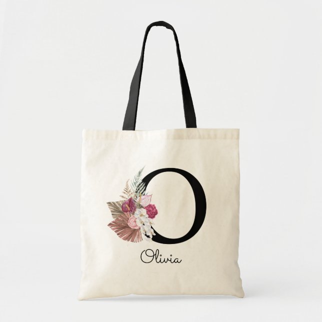 Tote Bag Broderie initiale O florale rose bohème girly (Devant)