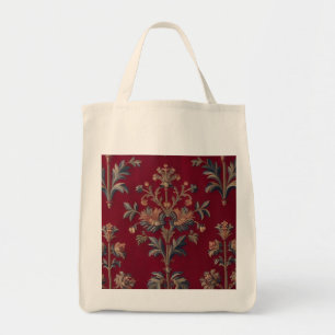 Tote Bag  broderie medievale fleurie en rouge bordeaux