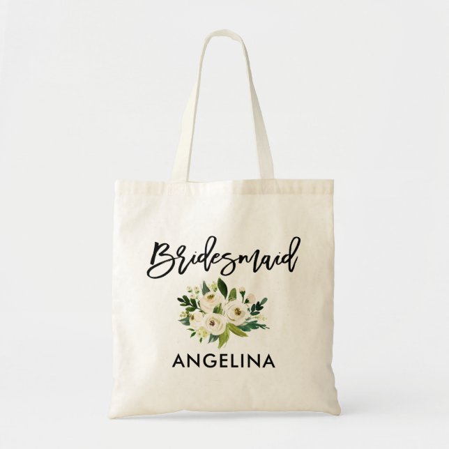 Tote Bag Brosse moderne Script Vert Blanc Floral Sirène (Devant)