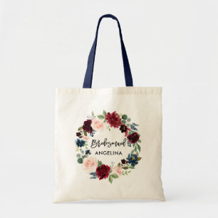 Tote Bag Brosse Script Bridesmaid Bourgogne Floral Bleu