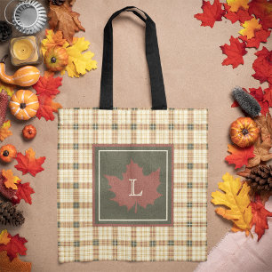 Tote Bag Brown Plaid Motif Automne Maple Leaf Monogramme