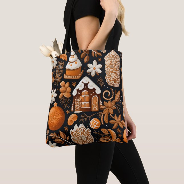 TOTE BAG BROWN TAN ORANGE NOËL GINGERBREAD COOKIES (De près)
