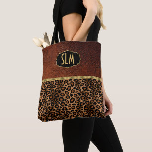 Tote Bag Brun de texture de monogramme et motif de léopard