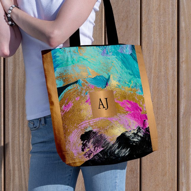 Tote Bag Brush art moderne traits noir or monogrammed (Créateur téléchargé)