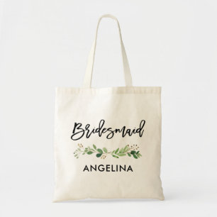 Tote Bag Brush Script Botanical Green Bridesmaid