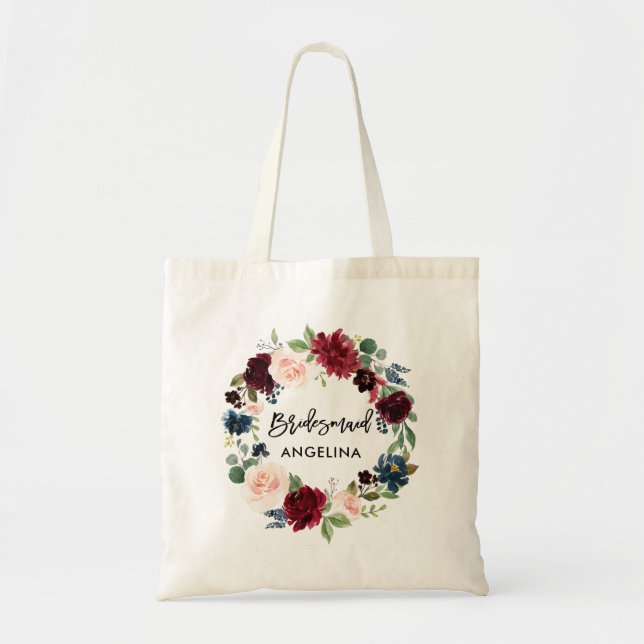 Tote Bag Brush Script Bridesmaid Burgundy Blue Floral (Devant)