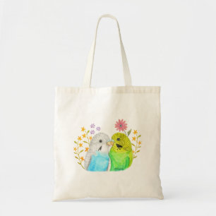 Tote Bag Budgie Parakeet Oiseaux et fleurs Aquarelle Art