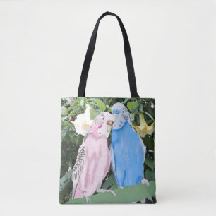 Tote Bag Budgies et fleurs de trompette blanche