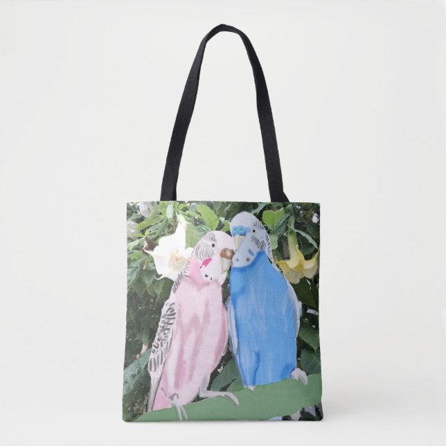 Tote Bag Budgies et fleurs de trompette blanche (Devant)