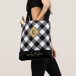 Tote Bag Buffalo Check Plaid Monogramme Nom noir et blanc