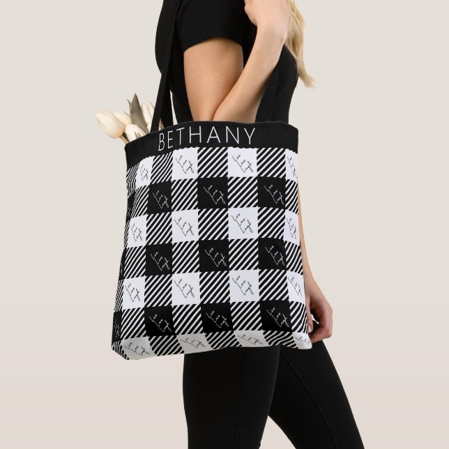 Tote Bag Buffalo Plaid Black White Live Love Rire vérifié (De près)