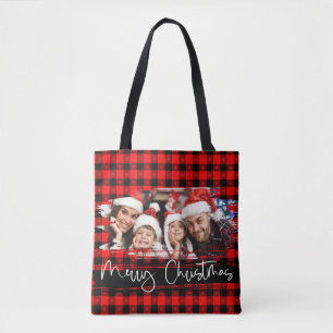 Tote Bag Buffalo Plaid Grunge Photo personnalisée Noël