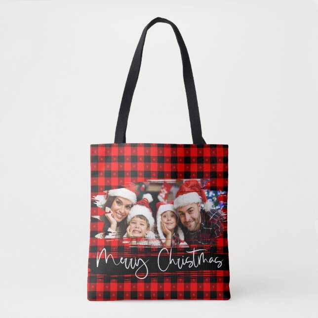 Tote Bag Buffalo Plaid Grunge Photo personnalisée Noël (Devant)