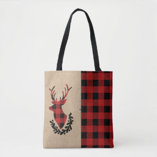 Tote Bag Buffalo Plaid Red Rustic Stag