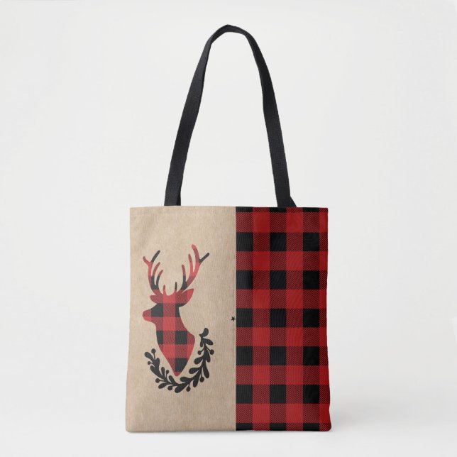 Tote Bag Buffalo Plaid Red Rustic Stag (Devant)