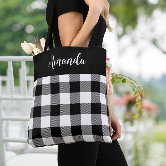 Tote Bag Buffle noir et blanc plaqué personnalisé (Black and White Buffalo Plaid Personalized Tote Bag, spring/ summer.  Add your name or special text.)