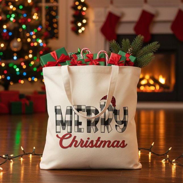 Tote Bag Buffle rouge, noir et blanc Plaid Joyeux Noël (Red, Black and White Buffalo Plaid Merry Christmas Tote Bag)
