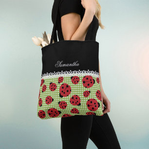 Tote Bag Bugs mignons sur vert et nom personnalisé sur noir