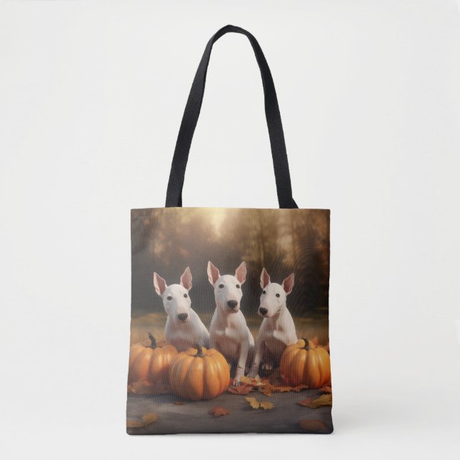 Tote Bag Bull Terrier Chiot Automne Citrouille de plaisir (Devant)