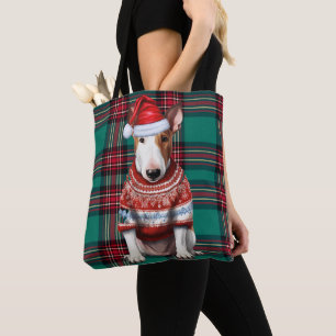 Tote Bag Bull Terrier Noël Chien Vert Plaid Saisonnière