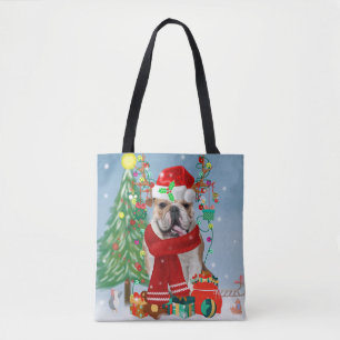 Tote Bag Bulldog anglais en neige avec cadeaux de Noël