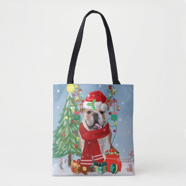 Tote Bag Bulldog anglais en neige avec cadeaux de Noël (Devant)