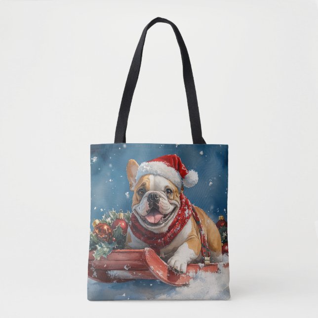 Tote Bag Bulldog dans Sledge Let it Neige Noël (Devant)