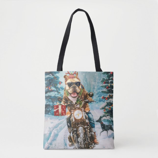 Tote Bag Bulldog équitation moto Noël (Devant)