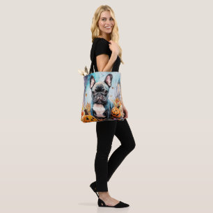 Tote Bag Bulldog français d'Halloween avec citrouilles effr