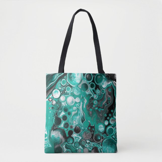 Tote Bag Bulles turquoises et noires Cellules d'art fluides (Devant)