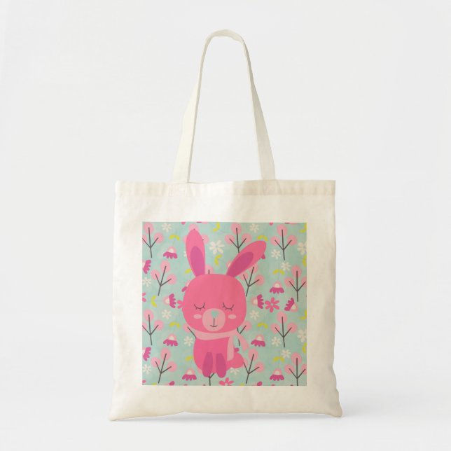 Tote Bag Bunnies et fleurs roses (Devant)