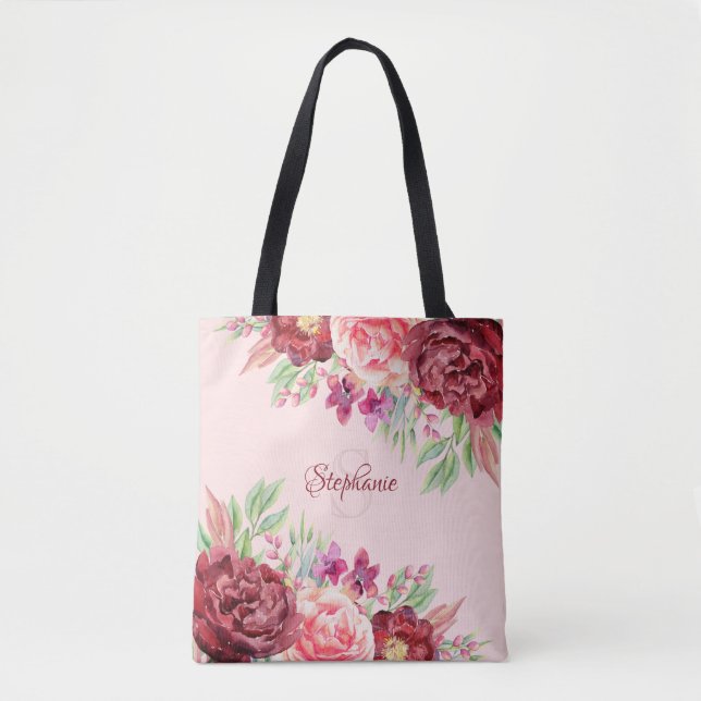 Tote Bag Burgundy Aquarelle Brousse Monogramme Floral (Devant)