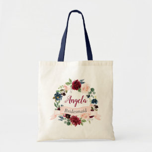 Tote Bag Burgundy Blush Blue Floral Wreath Bridesmaid