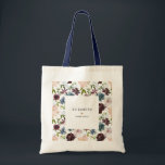 Tote Bag Burgundy Marine Floral Modèle Personnalisé Mariée<br><div class="desc">Ce sac fourre-tout présente un motif floral bordeaux et marine aquarelle avec feuillage vert,  et peut être personnalisé avec votre texte personnalisé.</div>
