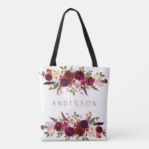 Tote Bag Burgundy Marsala Aquarelle Bohème Floral