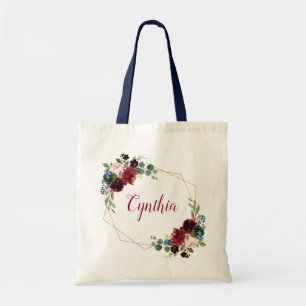 Tote Bag Burgundy Navy Blue Floral Classal Cadre géométriqu