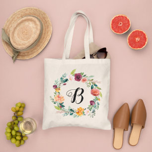 Tote Bag Burgundy Pink Floral Wreath Bridesmaid Initial