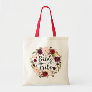 Tote Bag Burgundy Red Blush Floral Wreath Bride Tride